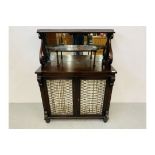A REPRODUCTION MAHOGANY VICTORIAN STYLE TWO DOOR CABINET, THE DOORS WITH WEBBED BRASS BANDED DESIGN,
