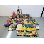 LARGE COLLECTION OF VINTAGE TOYS AND GAMES, SPORTS RACKETS TO INCLUDE TANK COMMAND, ESCALADO,