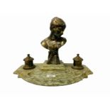 ART NOUVEAU SILVERED BRONZE INKWELL ON MARBLE BASE WITH FIGURE OF A GIRL HOLDING A DOVE BEARING