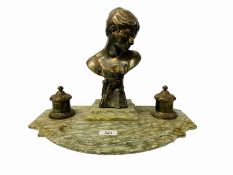 ART NOUVEAU SILVERED BRONZE INKWELL ON MARBLE BASE WITH FIGURE OF A GIRL HOLDING A DOVE BEARING