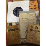 BOX OF MILITARY INTEREST CATALOGUES AND EPHEMERA, CHURCHILL BOOKLET AND RECORD ETC.