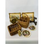 WICKER BASKET, WICKER 4 BOTTLE CARRIER, BRASS GONG, PAIR OF GILT FRAMED OILS, REMOTE COTTAGES,