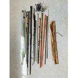 QUANTITY OF FISHING RODS AND REELS TO INCLUDE CORMORAN, HURRICANE, SILSTAR ETC.