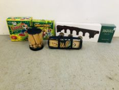 JACQUES GIANT ROLL A BALL GAME (BOXED AS NEW) ALONG WITH AN M & S WOODEN SKITTLES SET, HOOPLA SET,