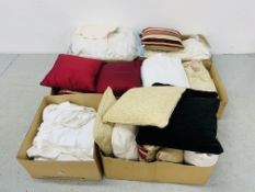 SIX BOXES CONTAINING GOOD QUALITY BEDDING, SATIN BED THROW, CUSHIONS,