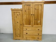 WAXED PINE DOUBLE WARDROBE WITH THREE DRAWERS TO BASE AND SIDE CABINET ATTACHED W 145CM, D 58CM,