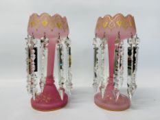 A PAIR OF VINTAGE PINK GLASS LUSTERS WITH CRYSTAL DROPS
