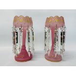 A PAIR OF VINTAGE PINK GLASS LUSTERS WITH CRYSTAL DROPS