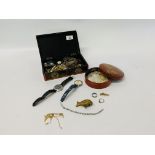 BOX OF VINTAGE COSTUME JEWELLERY AND WRIST WATCHES TO INCLUDE SUMMIT, MINATURE SCISSORS IN CASE,