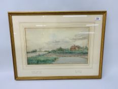 2 X W.E. MAYES (UNSIGNED) FRAMED WATERCOLOURS TO INCLUDE RIVER WENSUM ST. OLAVES 1918 - H 26.