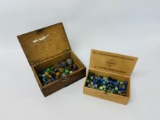 2 X BOXES OF VINTAGE COLOURED GLASS MARBLES OF VARIOUS SIZES
