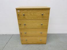 A MODERN LIGHT OAK FINISH FOUR DRAWER CHEST WITH LOCKABLE DRAWERS W 72CM, D 39CM,