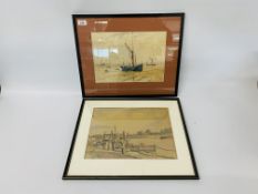 FRAMED WATERCOLOUR "LOW TIDE" UNSIGNED - H 26 X W 35CM ALONG WITH A FRAMED WATERCOLOUR BEARING