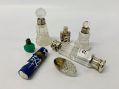 COLLECTION OF VINTAGE PERFUME BOTTLES TO INCLUDE 2 X CUT GLASS BOTTLE WITH SILVER RIMS AND STOPPERS,