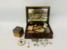 BOX OF COLLECTIBLES TO INCLUDE MEASURES, TIN, FRAMED PHOTO, PAPERWEIGHT,