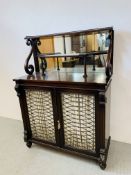 A REPRODUCTION MAHOGANY VICTORIAN STYLE TWO DOOR CABINET, THE DOORS WITH WEBBED BRASS BANDED DESIGN,