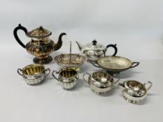 BOX OF PLATED WARE TO INCLUDE 3 PIECE TEA SET, TEA POT WITH EBONY HANDLE, SUGAR AND CREAM JUG,