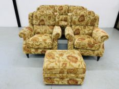 GOOD QUALITY MODERN ORANGE/GOLD UPHOLSTERED THREE PIECE LOUNGE SUITE WITH MATCHING FOOT STOOL OF