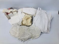 BOX OF VINTAGE LINEN AND LACE TO INCLUDE CHRISTENING GOWNS, TABLE LINEN, 6 CROCHET BONNETS ETC.