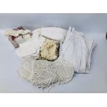 BOX OF VINTAGE LINEN AND LACE TO INCLUDE CHRISTENING GOWNS, TABLE LINEN, 6 CROCHET BONNETS ETC.