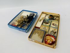 2 BOXES OF QUALITY VINTAGE COSTUME JEWELLERY TO INCLUDE MARCASITE BROOCHES, CUFF LINKS ETC.