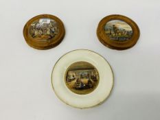 2 X PRATT WARE POT LIDS "THE VILLAGE WEDDING" AND "SHRIMPING"? AND A PRATT WARE PLATE "THE ROOM IN