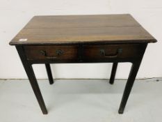 A SMALL ANTIQUE OAK TWO DRAWER SIDE TABLE W 74CM, D 43CM,