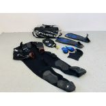 O'THREE RI Z-100 FLEX FULL BODY NEOPRENE SUBMERSIBLE SUIT AND TECHNISUB FLIPPERS IN CARRY BAG AND A