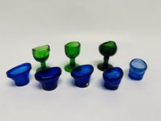 FIVE BLUE AND THREE GREEN GLASS EYE BATH