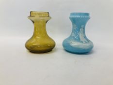 2 X ART GLASS HYACINTH VASES, ONE DECORATED IN THE MARY GREGORY STYLE VASE. H 15CM.