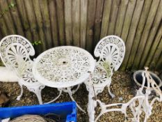 DECORATIVE CAST METAL CIRCULAR TABLE & 2 CHAIRS ALONG WITH A CAST METAL TABLE BASE