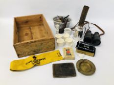 BOX OF COLLECTIBLES TO INCLUDE HERREBRECHT DUNKERQUE VINTAGE BINOCULARS,