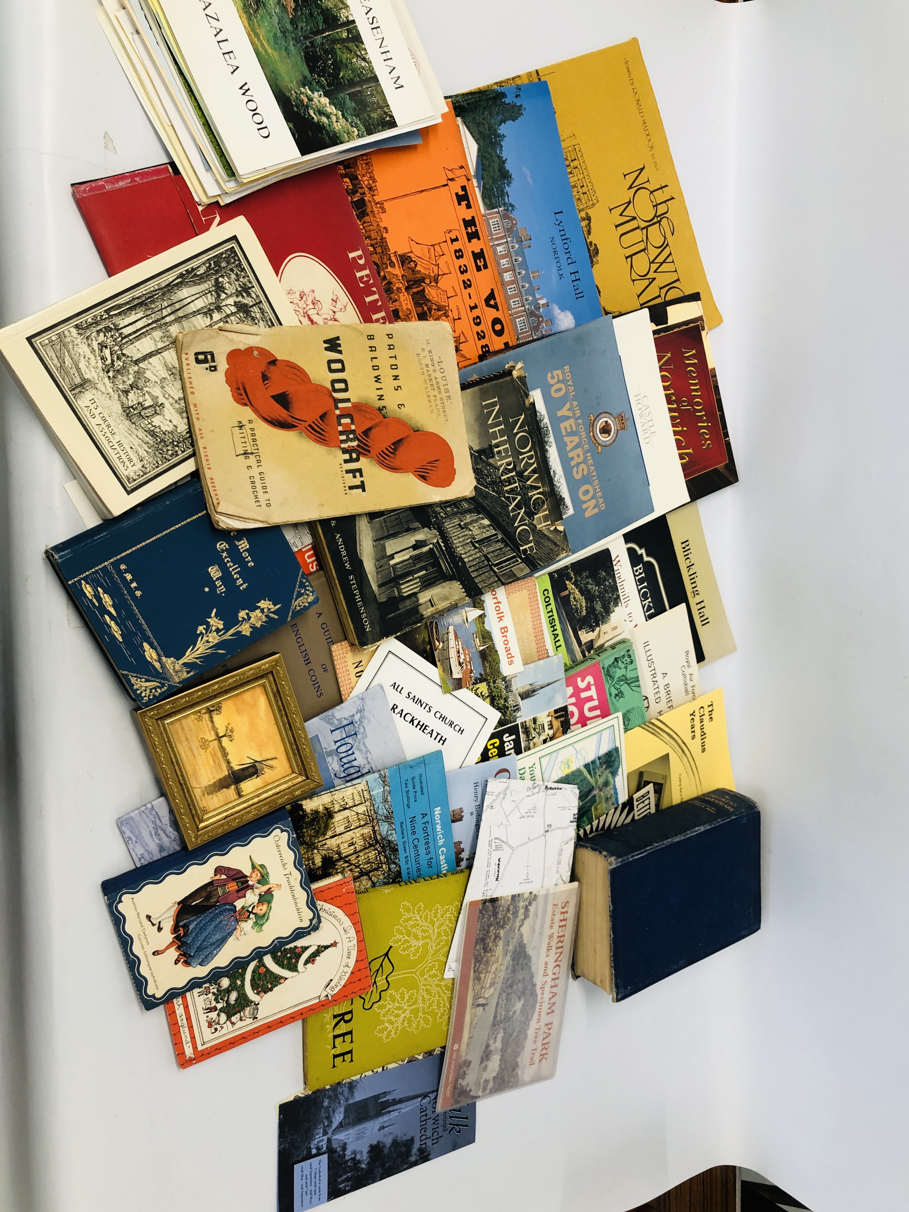 BOX OF ASSORTED EPHEMERA AND BOOKS TO INCLUDE LOCAL INTEREST ALONG WITH A VINTAGE PATONS & BALDWINS