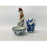 ORIENTAL HAND PAINTED FIGURINE ALONG WITH AN ORIENTAL PATTERNED BLUE AND WHITE VASE AND AN IMARI