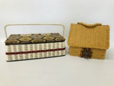 VINTAGE SEAGRASS SEWING BOX IN THE FORM OF A COTTAGE ALONG WITH VARIOUS VINTAGE SEWING REELS &