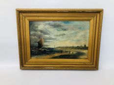 GILT FRAMED OIL ON CANVAS BEARING SIGNATURE "RUMP" YARMOUTH SCENE - H 34 CM X W 52 CM.