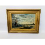 GILT FRAMED OIL ON CANVAS BEARING SIGNATURE "RUMP" YARMOUTH SCENE - H 34 CM X W 52 CM.