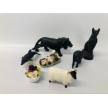 BESWICK RAM, COALPORT POSY, EGYPTIAN CAT, HARDWOOD LION & ELEPHANT ETC.