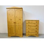 A PINE EFFECT FINISH DOUBLE WARDROBE AND MATCHING FIVE DRAWER CHEST (WARDROBE W 96CM, H 184CM,