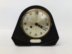 VINTAGE ART DECO OAK FINISH MANTEL CLOCK WITH SILVER PLAQUE INSCRIBED T. D.