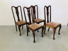 A SET OF FOUR QUEEN ANNE STYLE STRING BACK DINING CHAIRS WITH UPHOLSTERED SEATS