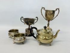 2 X VINTAGE SILVER PLATED TROPHY CUPS ALONG WITH 3 X PIECE SILVER PLATED TEA SET