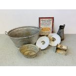 VINTAGE TWO HANDLED TIN BATH ALONG WITH A SMALLER 2 HANDLED TIN POT,