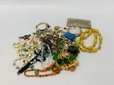 BOX OF ASSORTED VINTAGE GLASS NECKLACES & BEADS ALONG WITH BANGLES & A PLATED CIGARETTE CASE ETC.