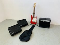 A SQUIRE BY FENDER STRAT ELECTRIC GUITAR IN BAG WITH STAND,