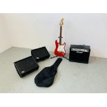 A SQUIRE BY FENDER STRAT ELECTRIC GUITAR IN BAG WITH STAND,