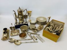 BOX OF ASSORTED PLATED WARE TO INCLUDE A SHOE BOX OF KINGS PATTERN CUTLERY ETC.