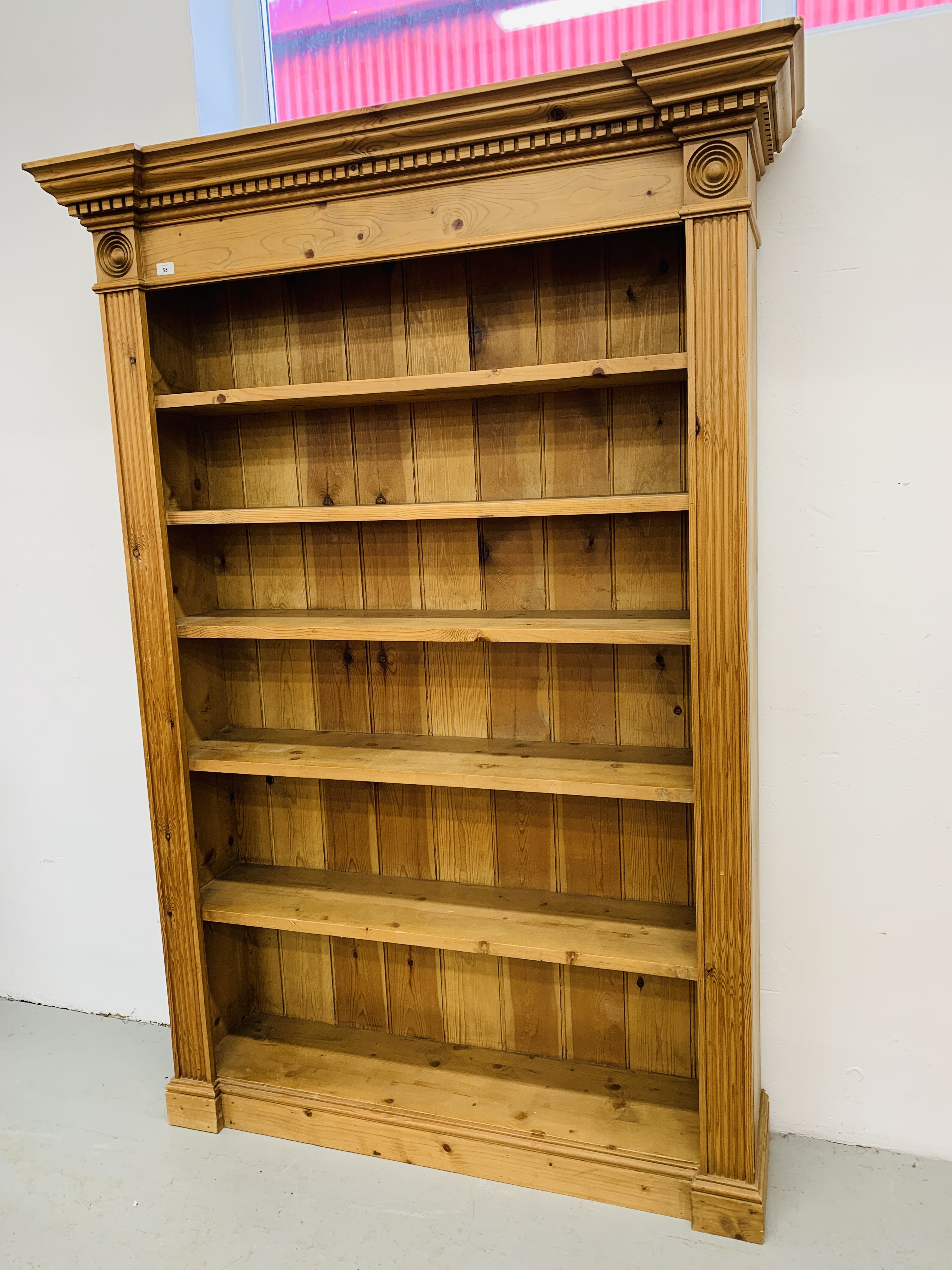 A SOLID WAXED PINE FULL HEIGHT BOOKSHELF - H 198 CM. W 138CM. - Image 2 of 5