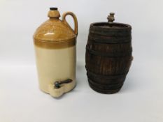 COPPER BROWN AND CO EAST DEREHAM STONEWARE FLAGON AND WOODEN BARREL