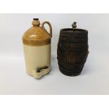 COPPER BROWN AND CO EAST DEREHAM STONEWARE FLAGON AND WOODEN BARREL